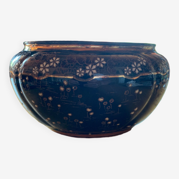 Cache pot ancien bleu marine avec petites fleurs blanches