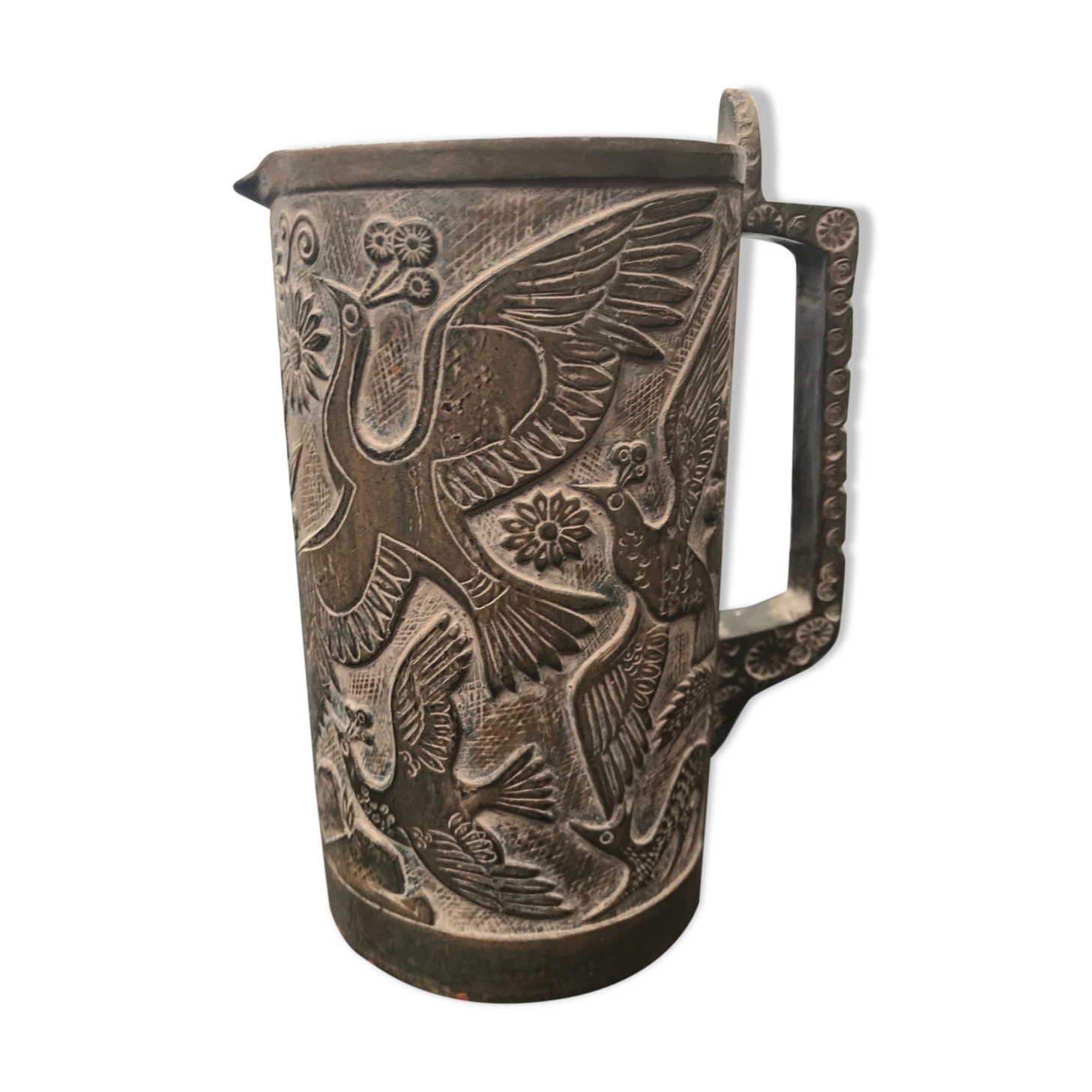 Former ceramic pitcher brown decor birds 70s vintage