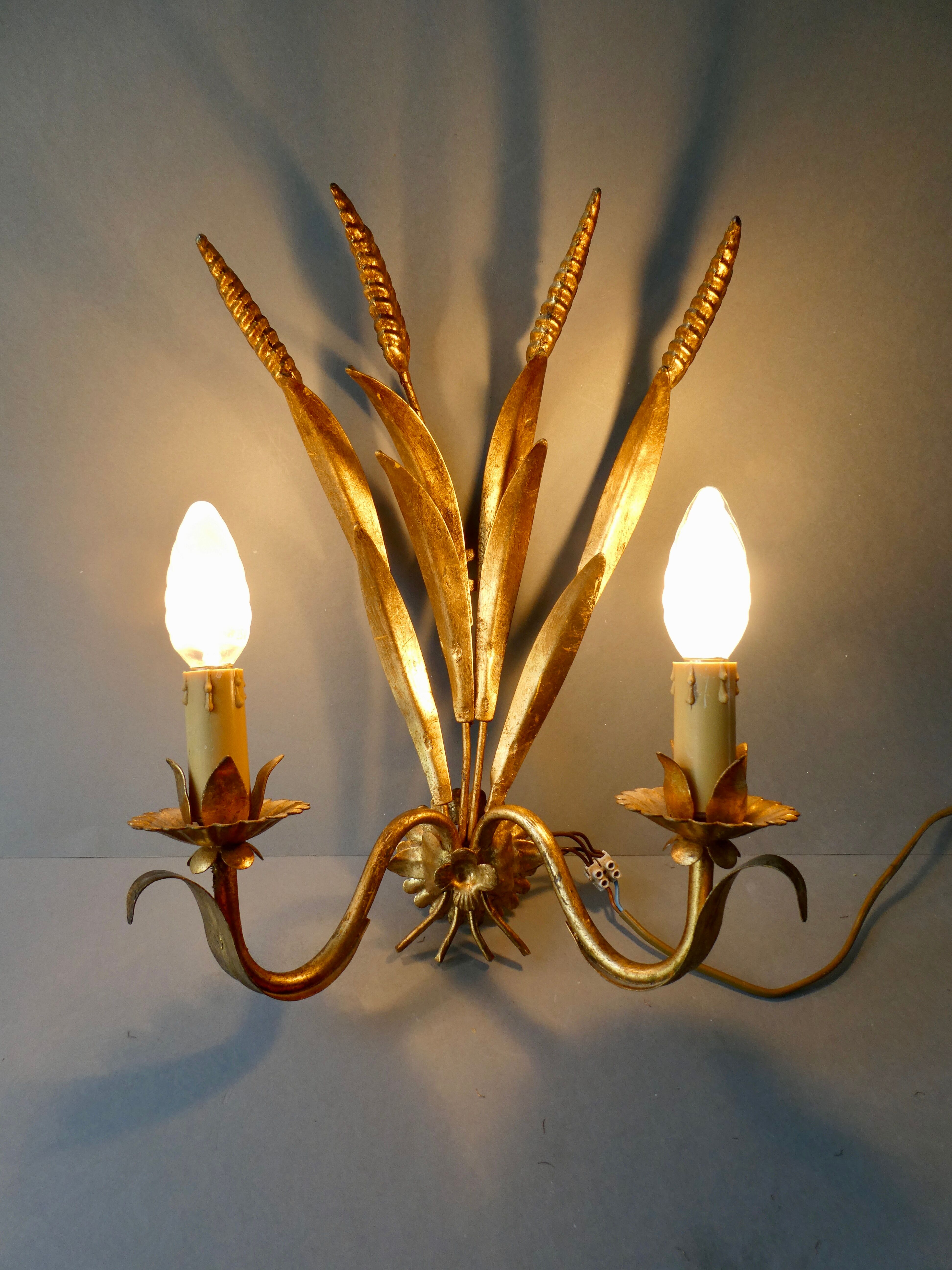 Pair of gold metal wheat ear sconces, 70s-80s