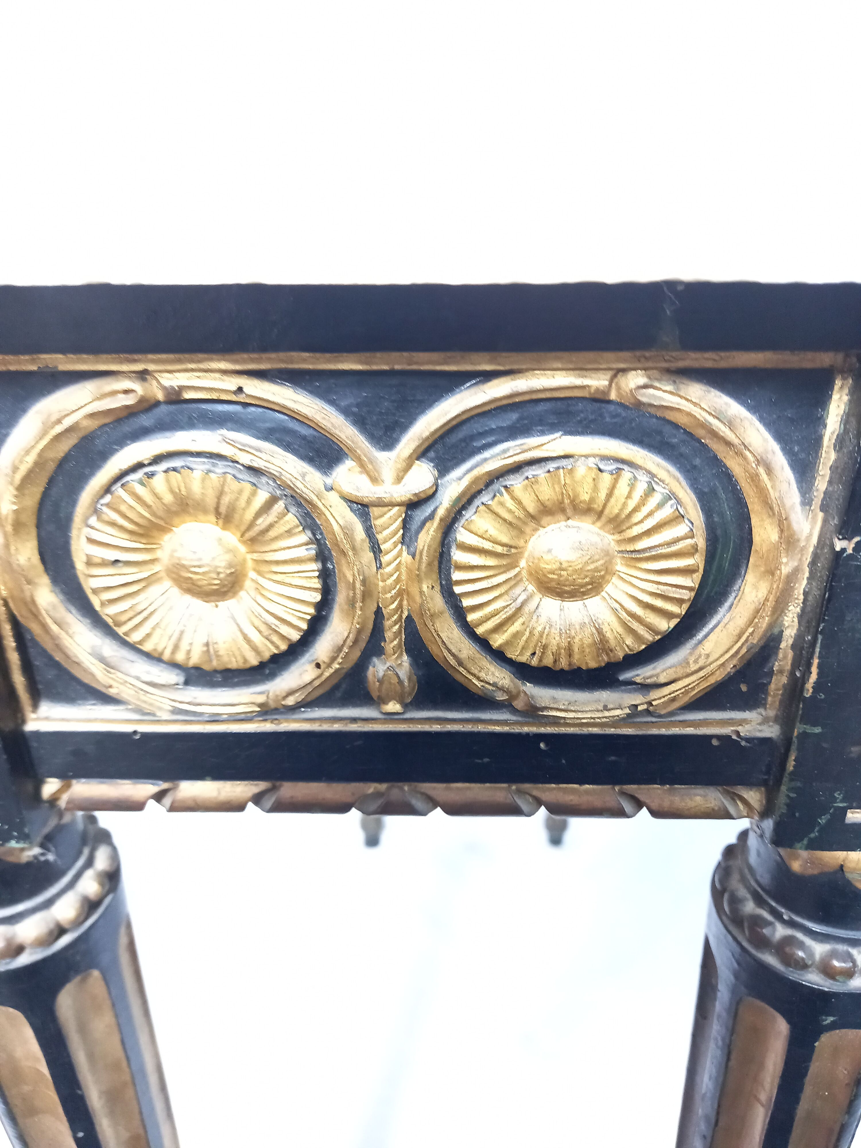 19th century Louis XVI style console table in black and gold with white marble shelf