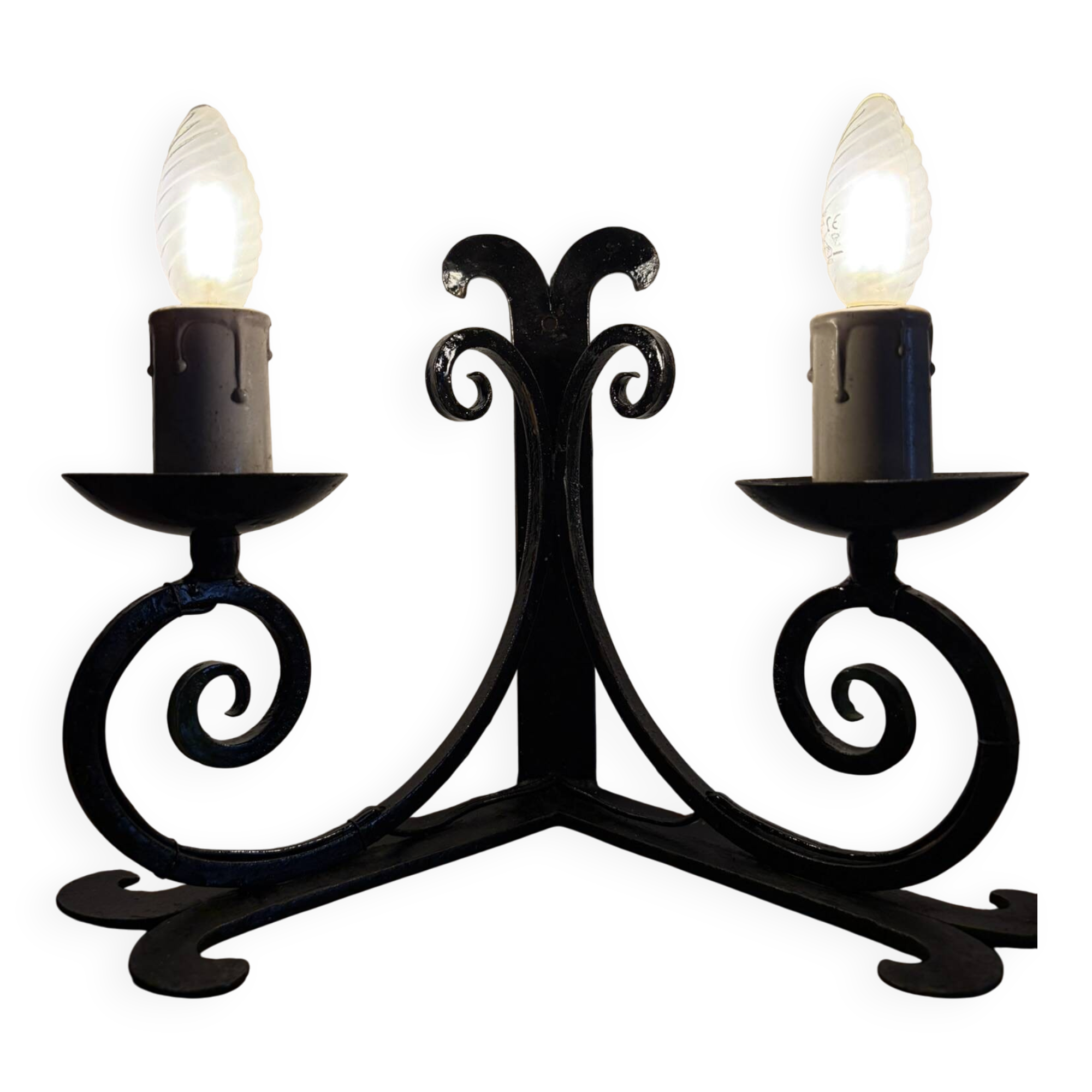 Vintage black wrought iron wall sconce with 2 lights – 1950s/60s