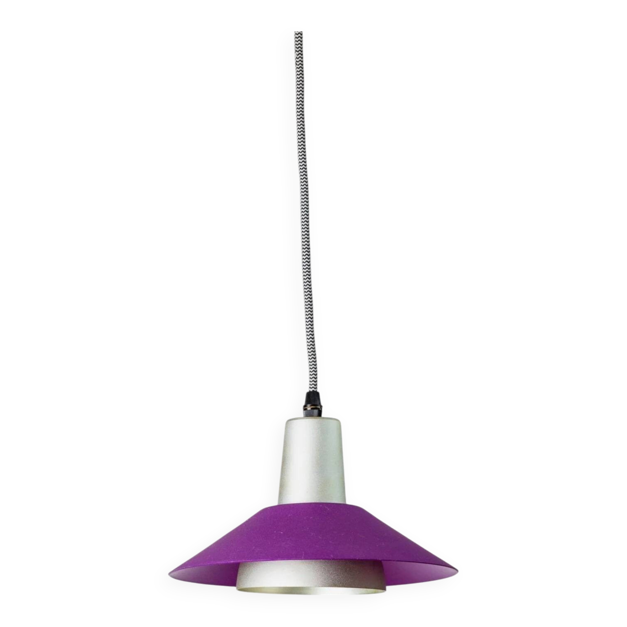 Metal retro pendant – postmodern Memphis style from the 1980s, purple, silver, green, striped cable, Pop Art interior, vintage light fixture