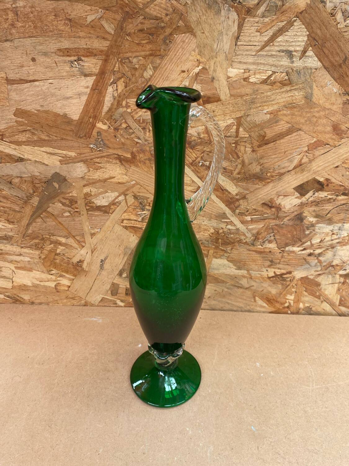 Antique green & clear glass pitcher ewer vintage