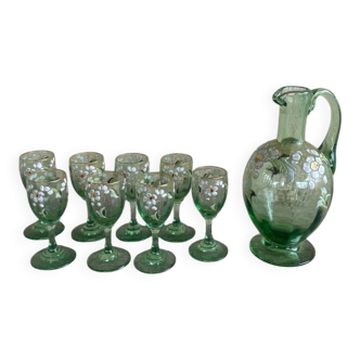 Antique liqueur service / decanter and enamelled glass