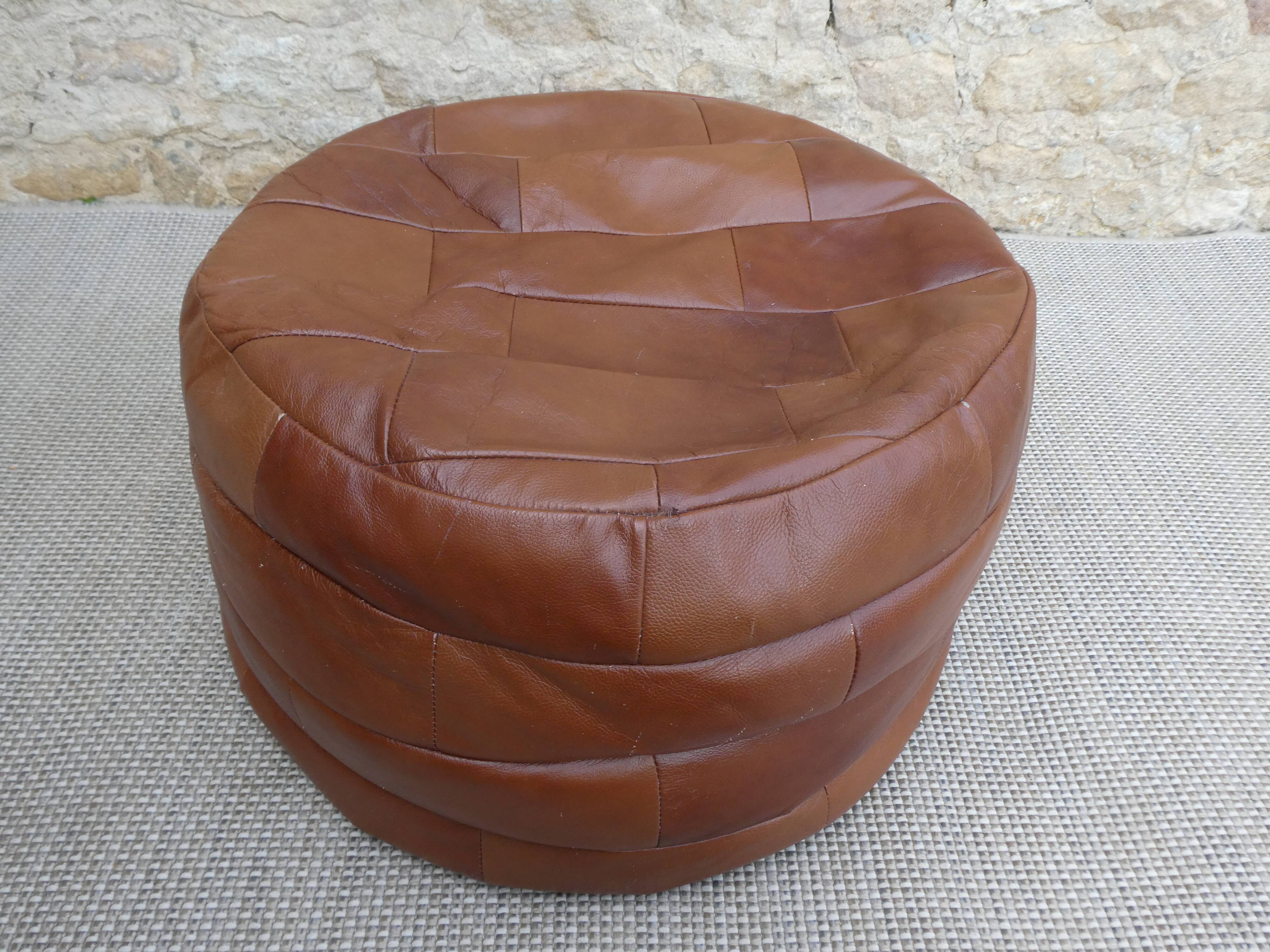 Leather patchwork pouf, 70s