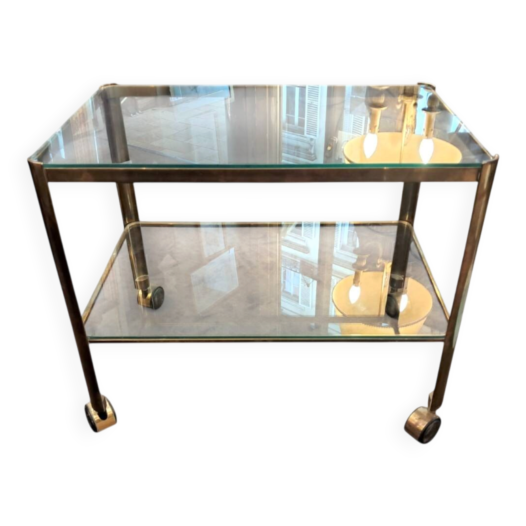 Jacques Quinet for Broncz, wheeled cart in bronze and glass, 20th century.