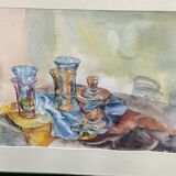 Watercolor painting Still Life with Glasses signed Guy Barbier