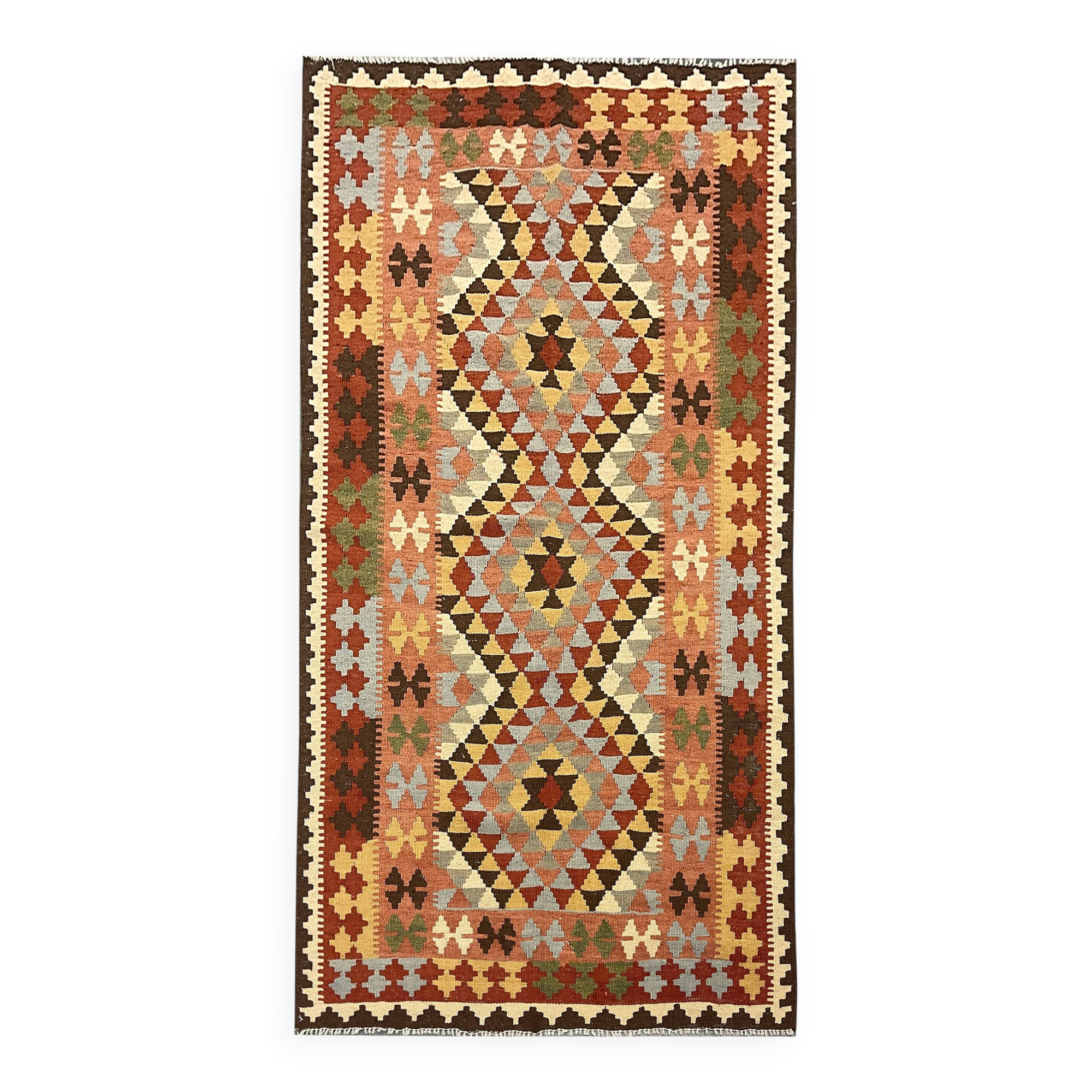 Geometric Kilim Runner Rug, Handmade Wool Contemporary Rug 185 x 103 cm