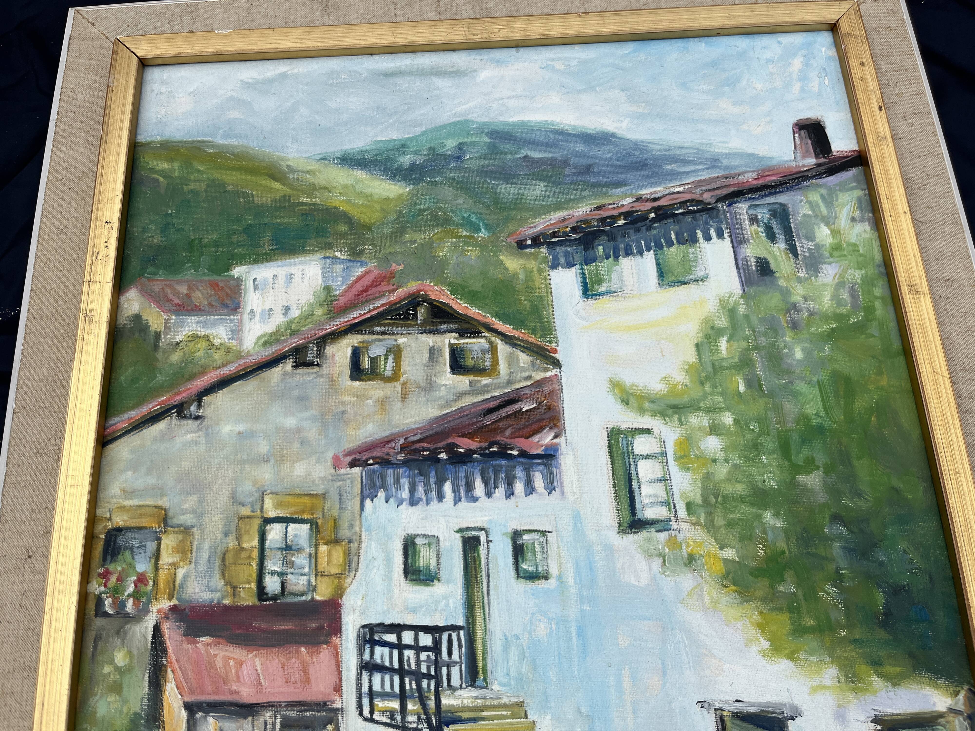 Painting, Basque house with green shutters