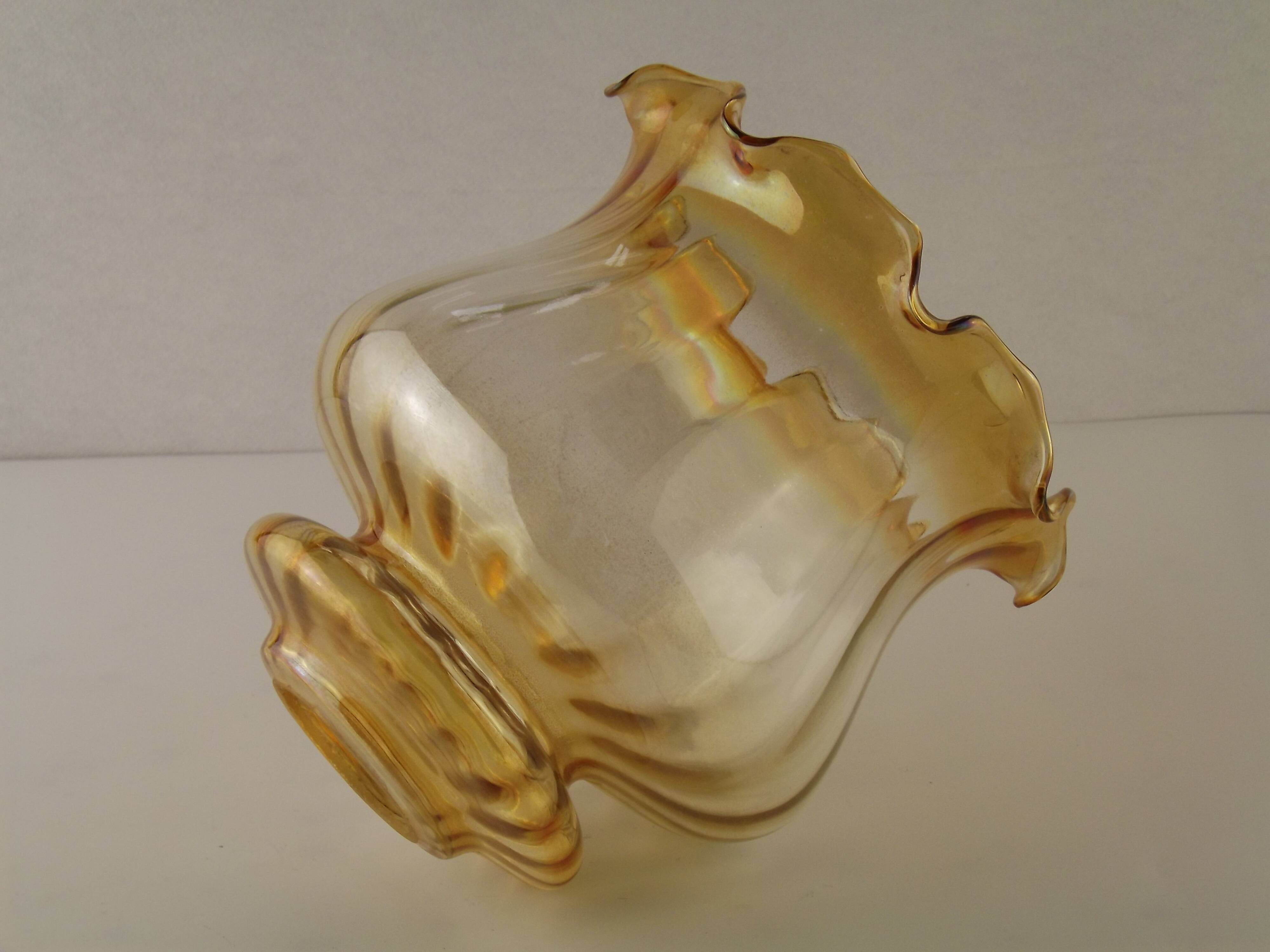 Large Mid Century Amber Glass Light Shade With Ribbed Effect & Frilled Edge