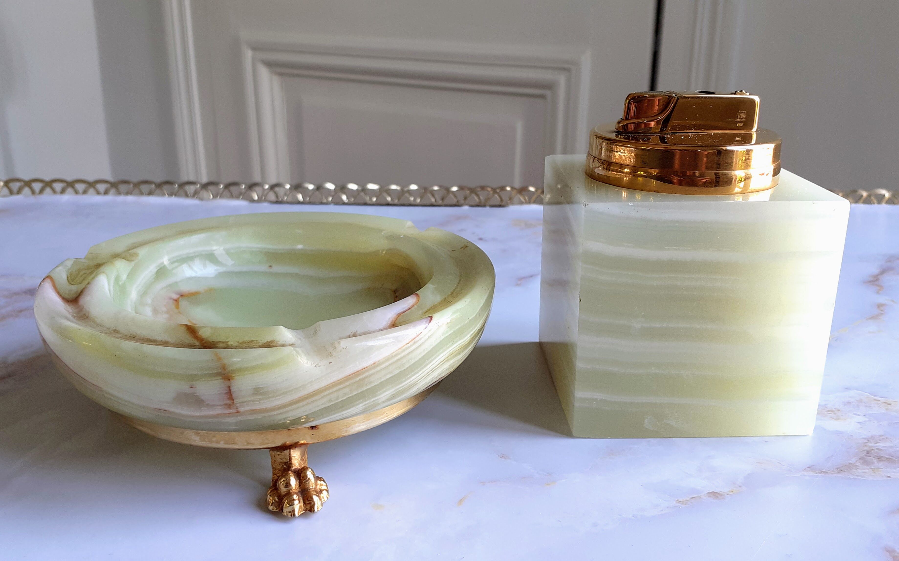 1960-70 onyx ashtray and table lighter set