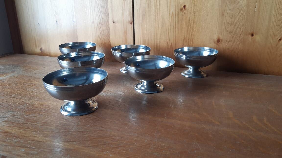 6 vintage stainless steel ice cream cups, France