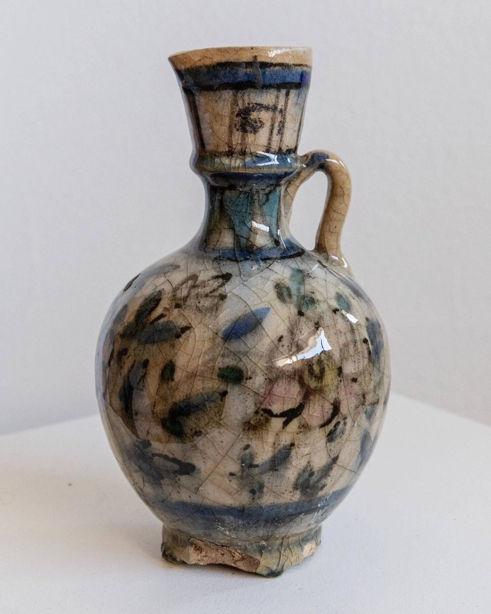 Antique 18th-century ceramic vase, hand-painted, Near Eastern design with floral motif and handle, small decorative art piece, gift idea.