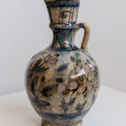 Antique 18th-century ceramic vase, hand-painted, Near Eastern design with floral motif and handle, small decorative art piece, gift idea.