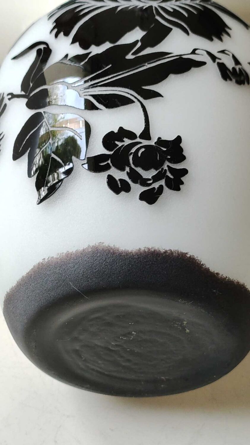 Asian-inspired opaline glass vase, with black floral motifs inclusions