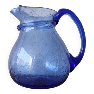 Large blue bubble blown pitcher