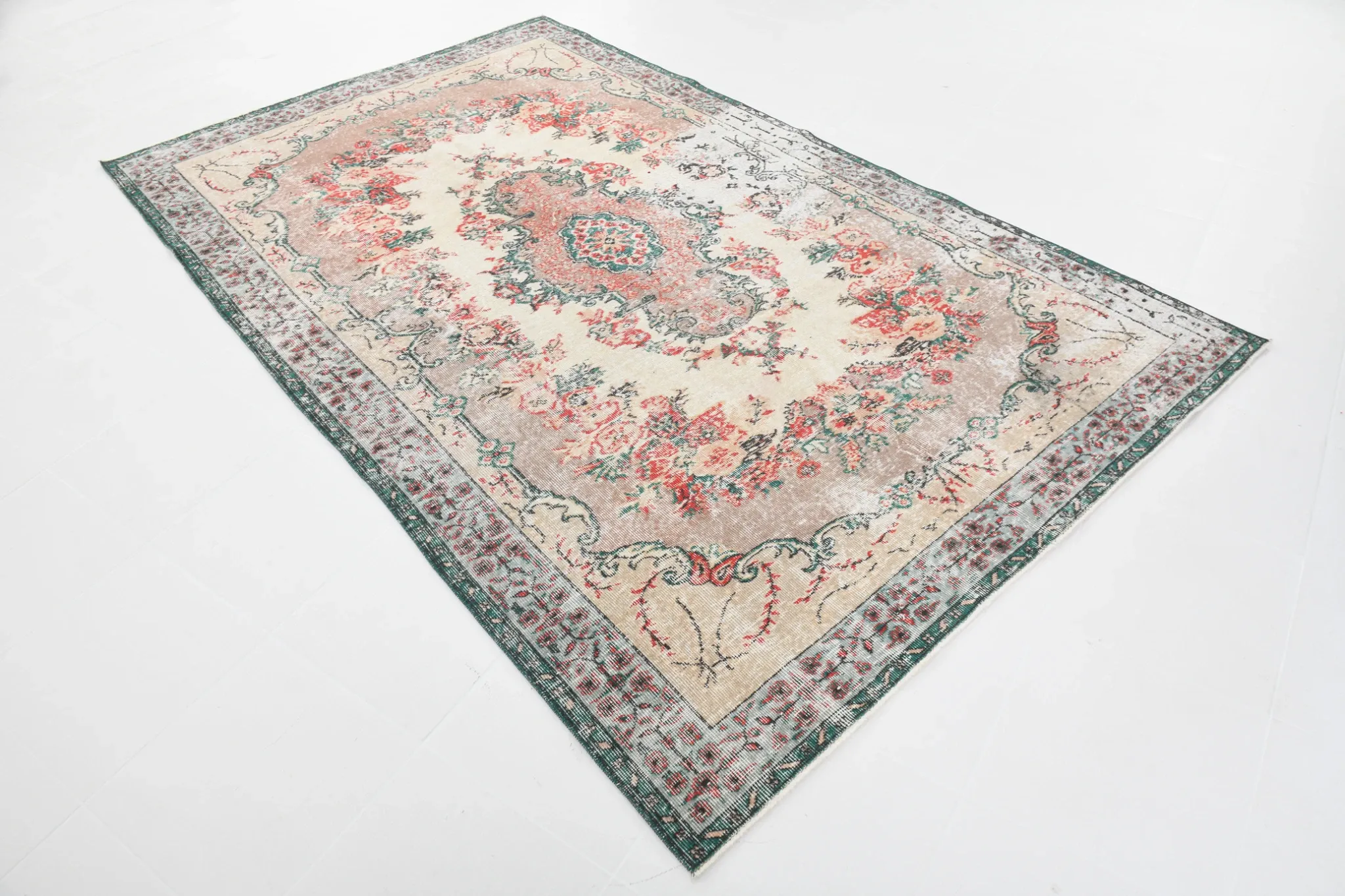Dusty Red & Green Turkish Vintage Rug, Persian Style Oriental Carpet,