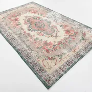 Dusty Red & Green Turkish Vintage Rug, Persian Style Oriental Carpet,