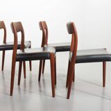 Niels Otto Moller Teak Wooden with Black Leather Dining Chairs, Model 77