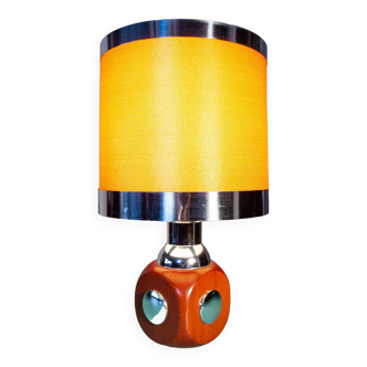 Lampe à poser 70's orange, bois et chrome
