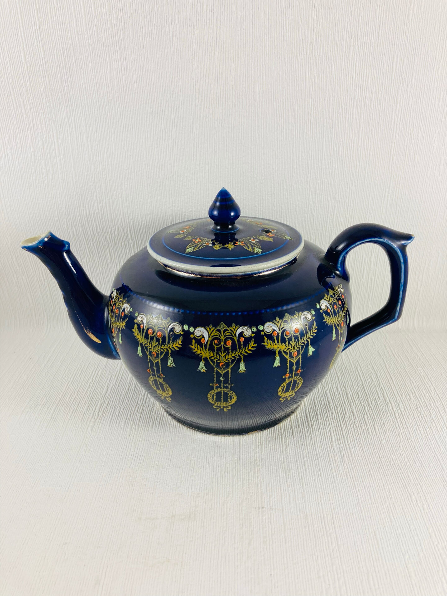 Teapot Earth to Fire Sainte-Uze Cobalt Blue Gold Relief Enamels 19th Century 80cl