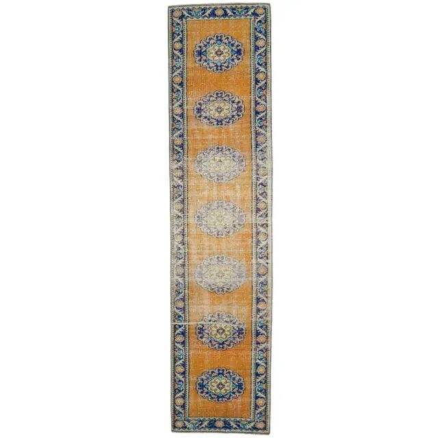 Vintage Turkish Oushak Handmade Wool Cotton Orange Runner 74x325