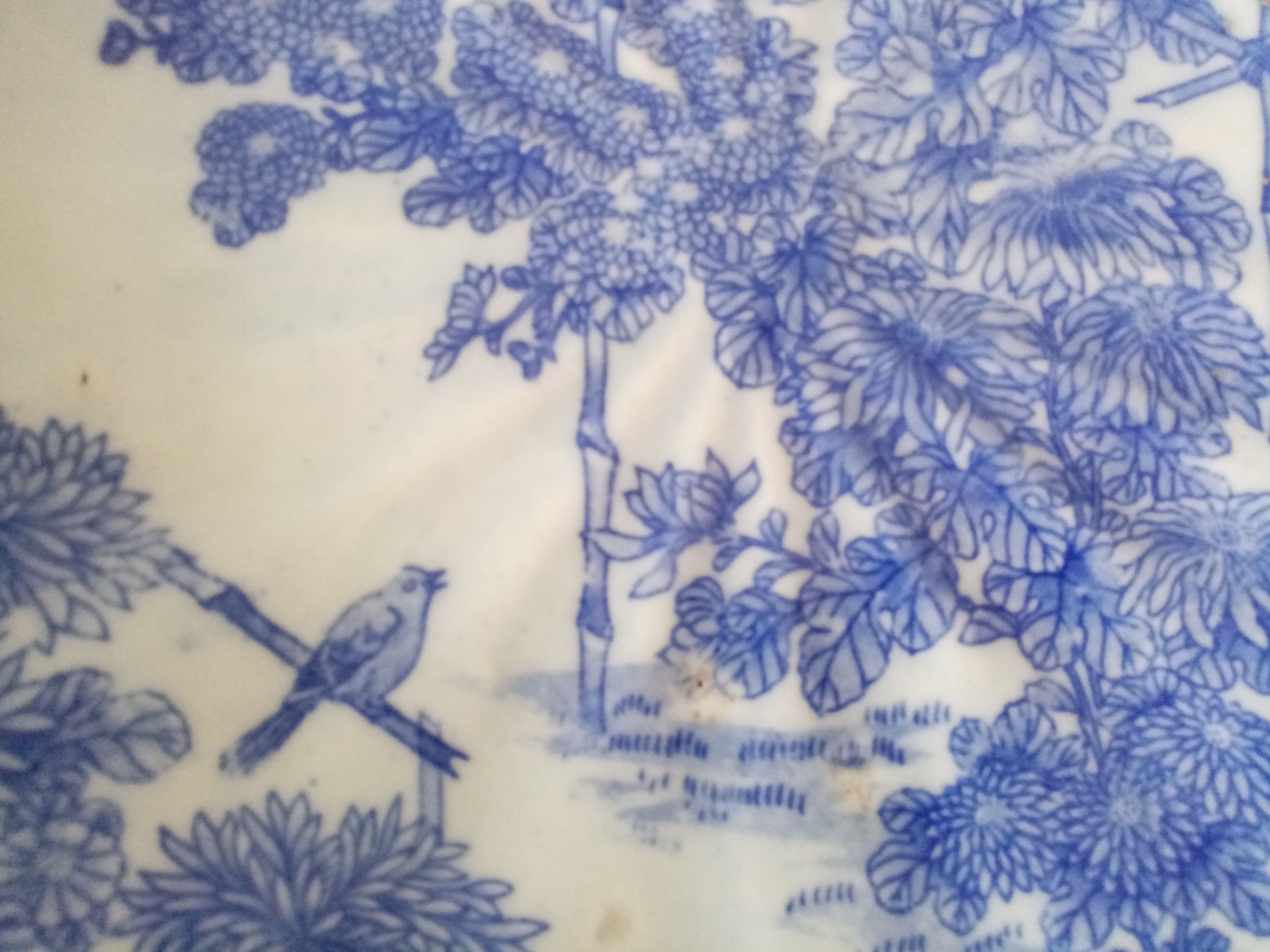 Asian earthenware dish with floral and bird decoration