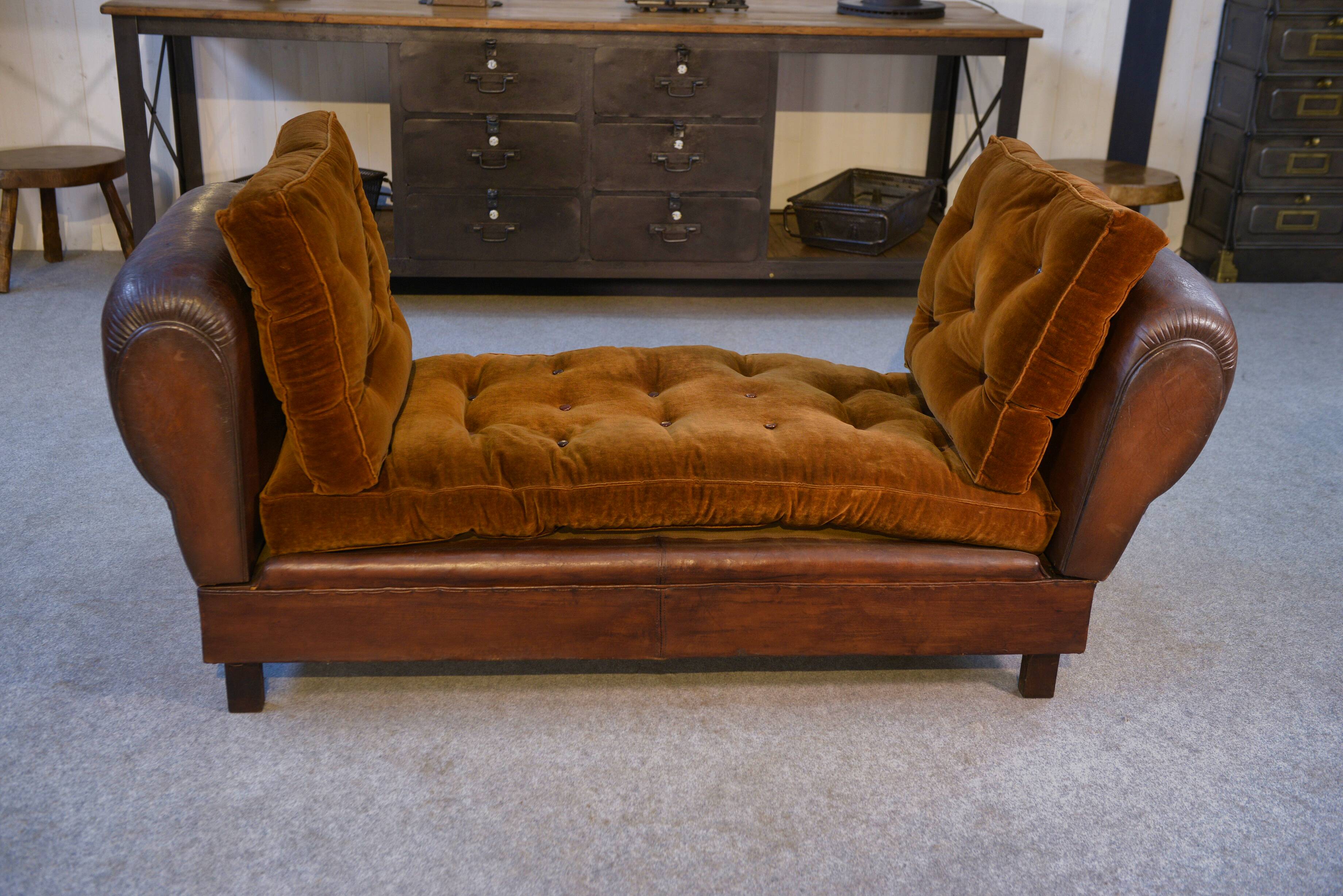 1920s convertible leather club bench with velvet seats