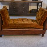 1920s convertible leather club bench with velvet seats