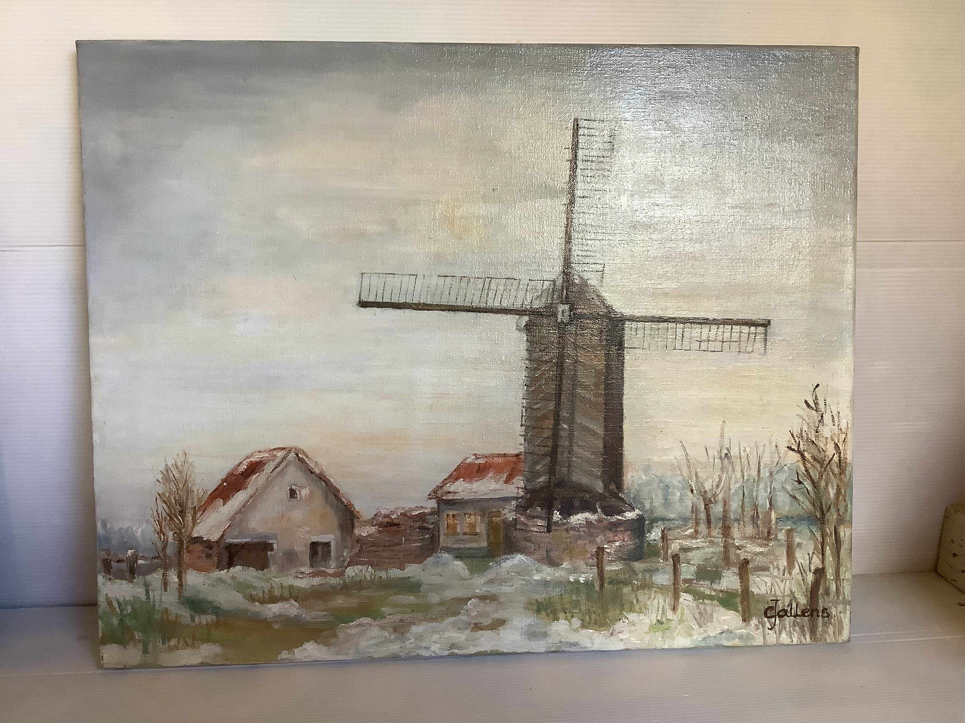 Painting winter landscape with a mill oil on canvas signed
