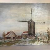 Painting winter landscape with a mill oil on canvas signed