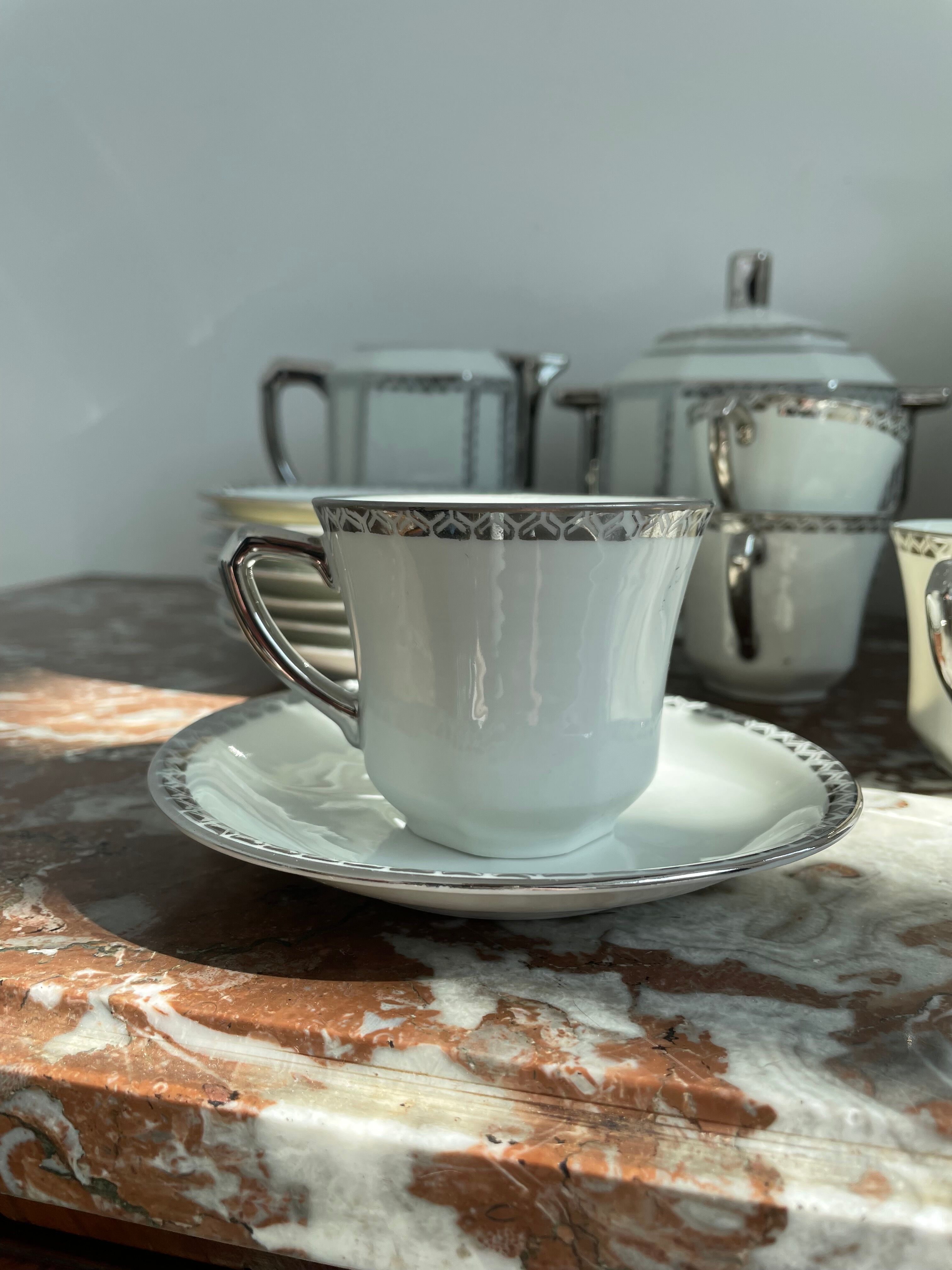 Coffee set, tea 1925, art deco, union céramique, uc, limoges, 8 cups, 8 subcups, teapot