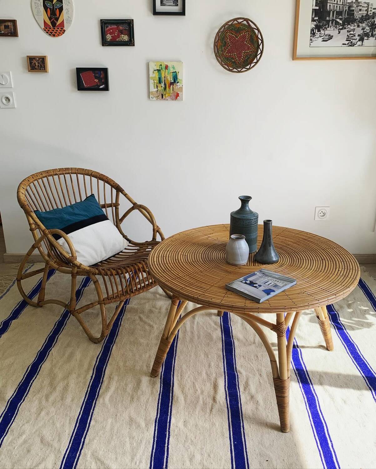 Large vintage rattan and bamboo coffee table