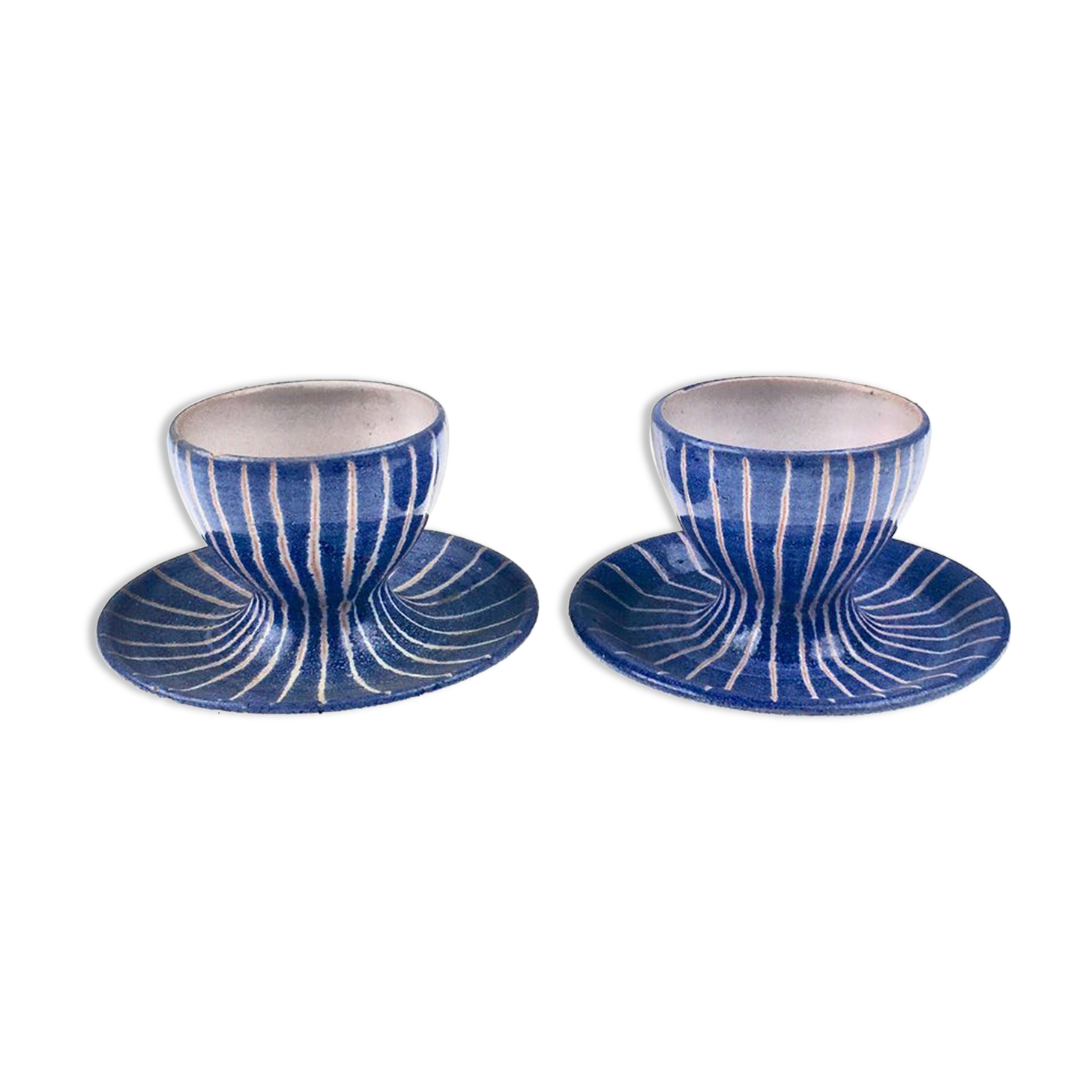 Set of 2 cups of eggs in blue Vallauris ceramic by Robert Picault 1950