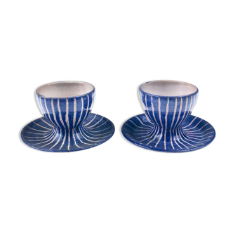 Set of 2 cups of eggs in blue Vallauris ceramic by Robert Picault 1950