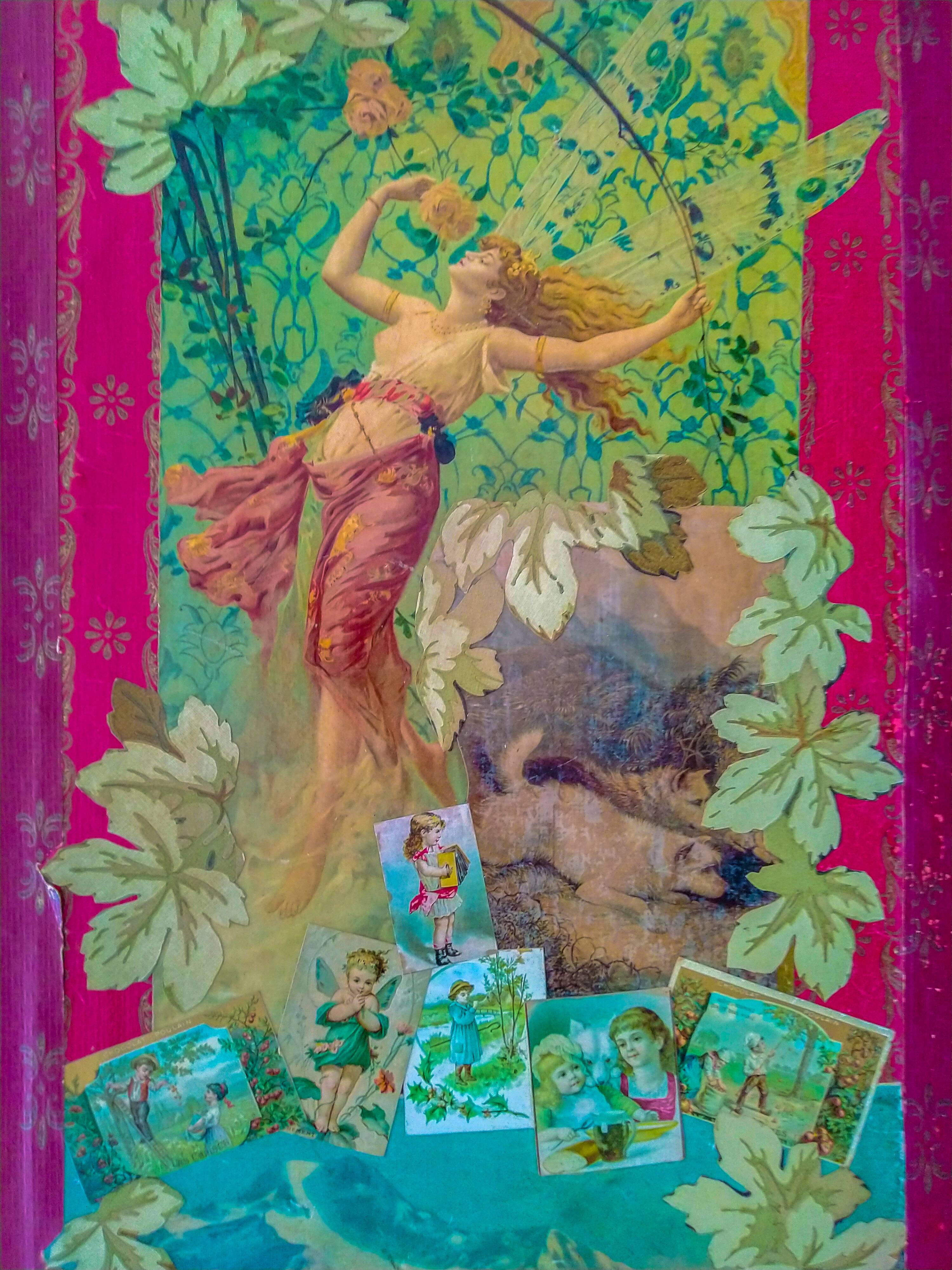 English Victorian 3-panel screen with varnished chromos