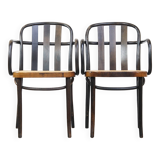 Set of 2 vintage wooden design dining/bistro chairs with woven seats