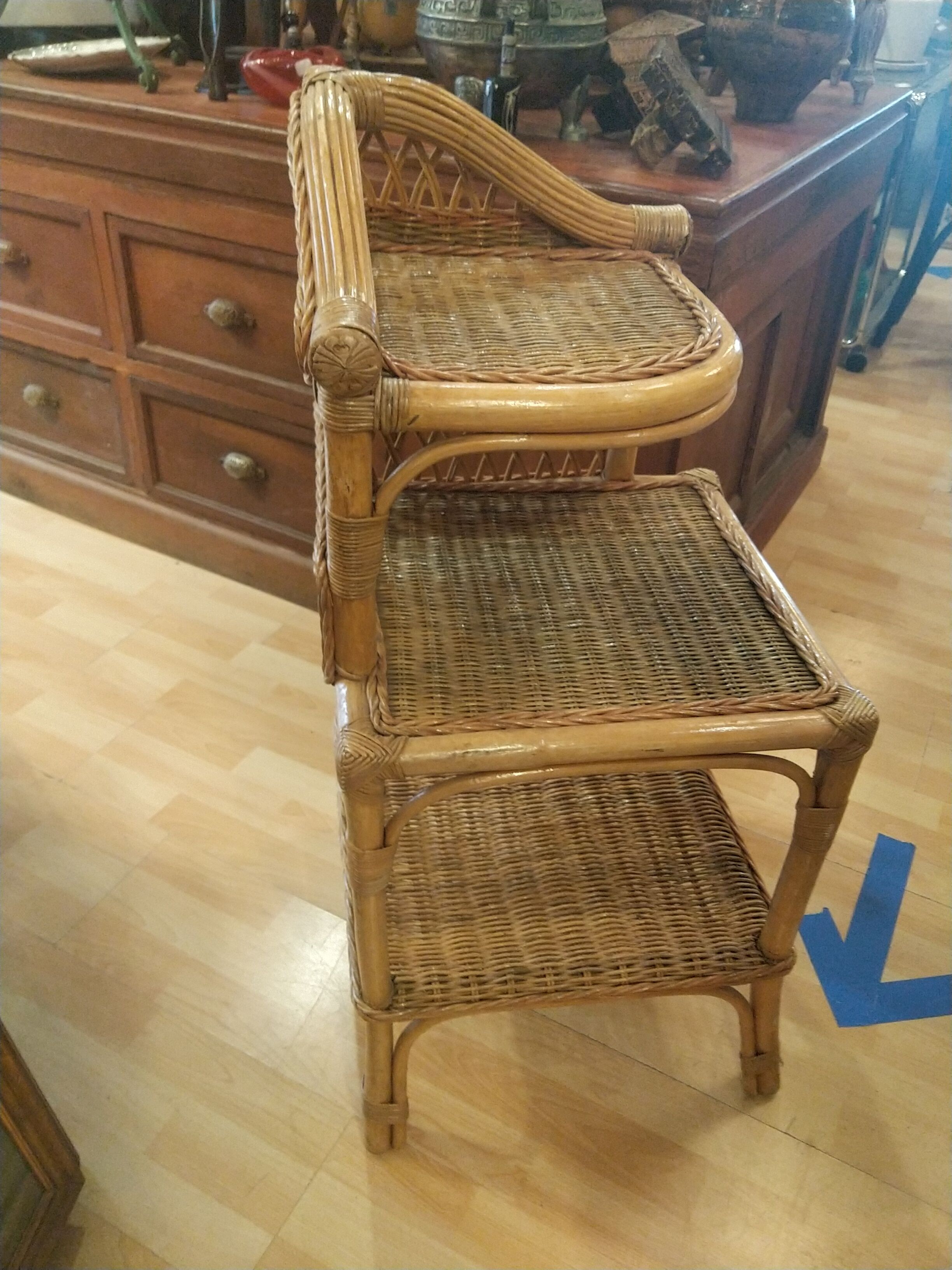 Corner shelf in bamboo and rattan, circa 1975