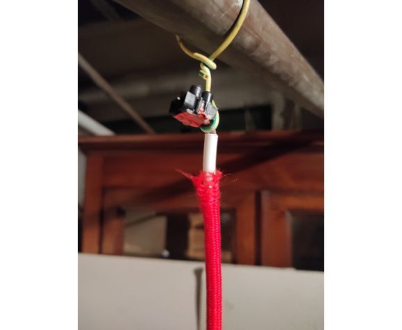Vintage strolling suspension in pink Clichy glass and woven cotton electric wire