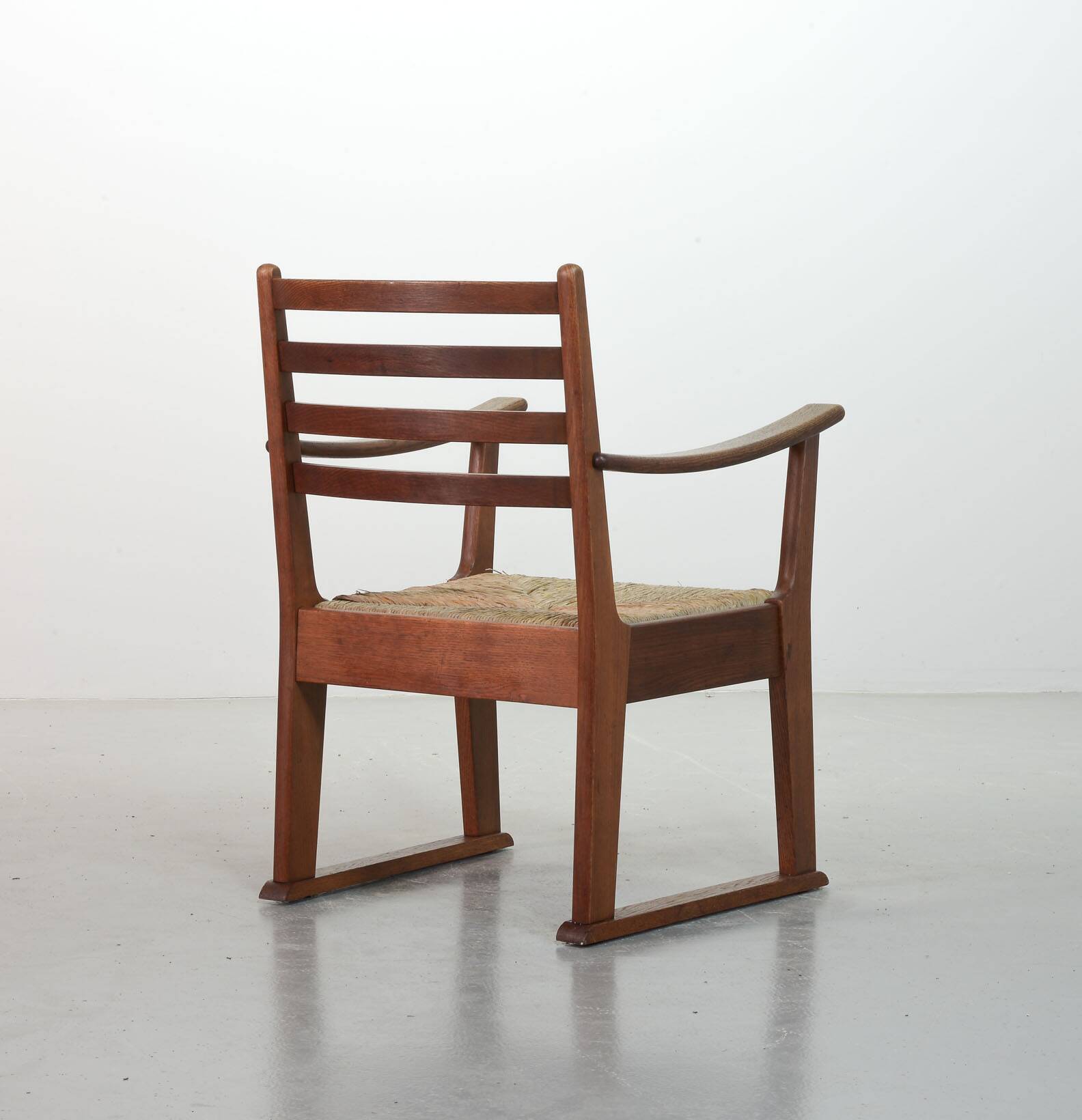 Rare Bas van Pelt Brutalist Oak Armchair with Woven Rush Seat for My Home