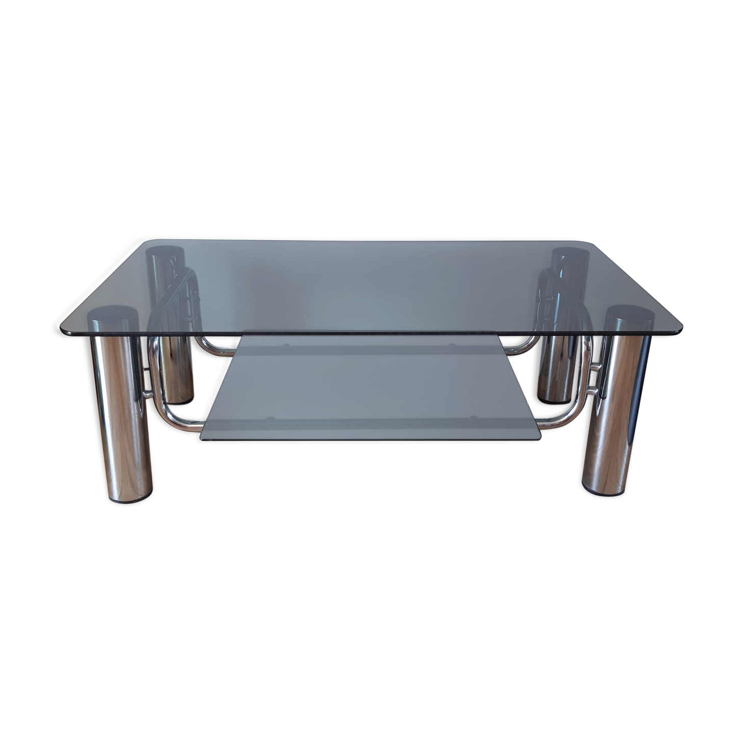Table basse en verre fumé et pieds chromés années 70 | Selency