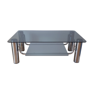 Table basse en verre fumé et pieds chromés années 70