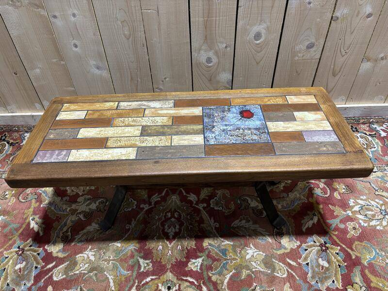 Table basse bois et céramique années 70