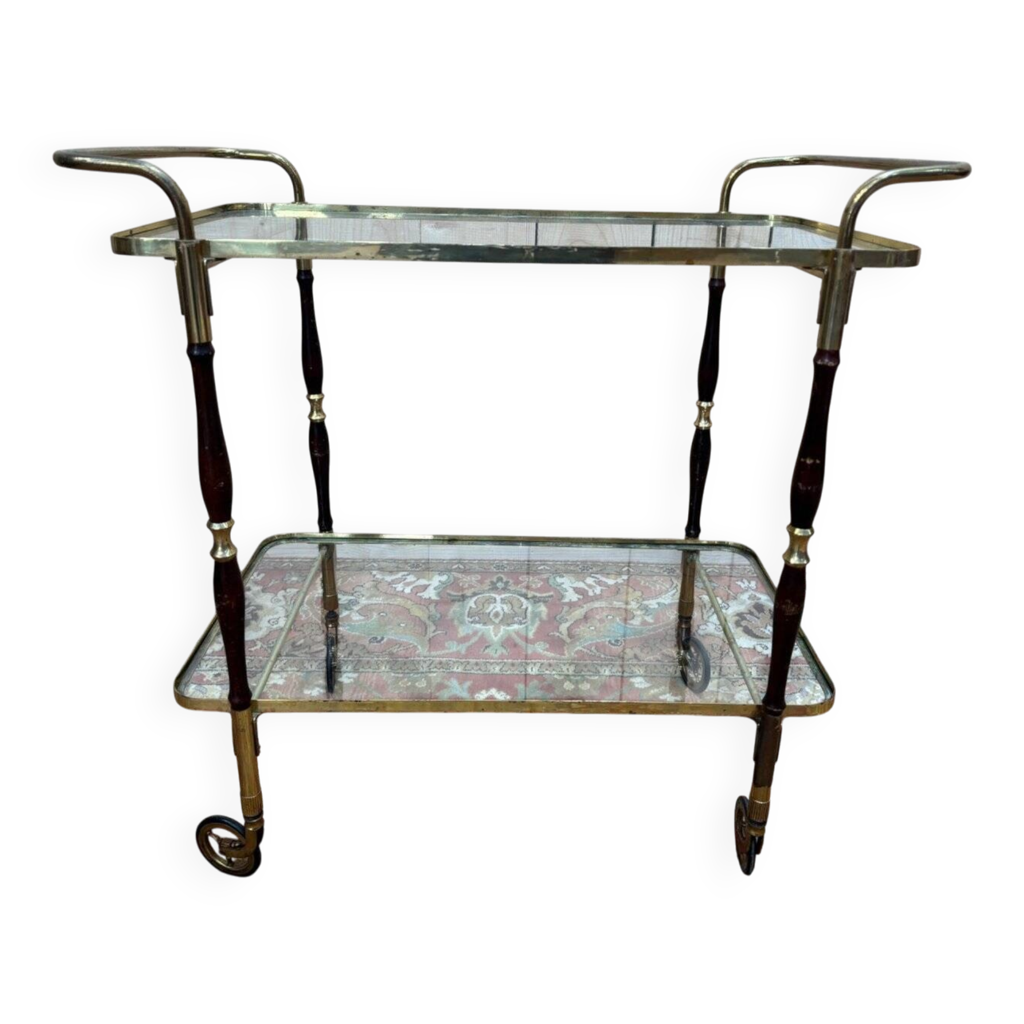 Glass, brass, and wood side table from the 1950s/60s.