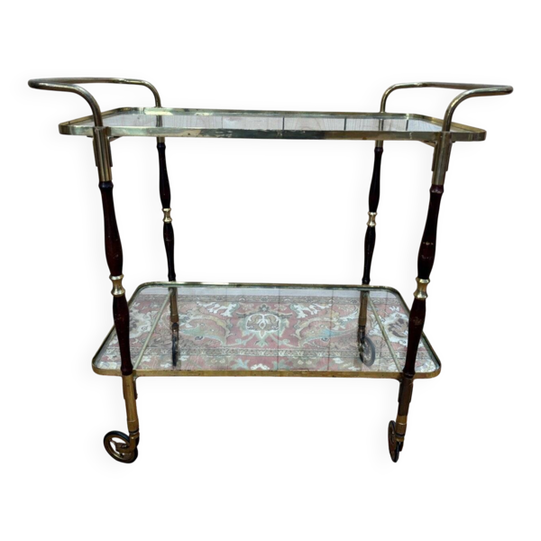 Desserte en verre, laiton et bois, années 50-60