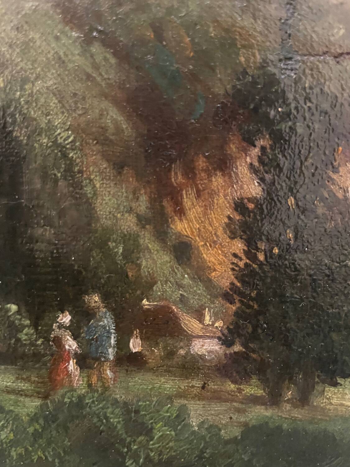 Tableau ancien paysage animé XIXe