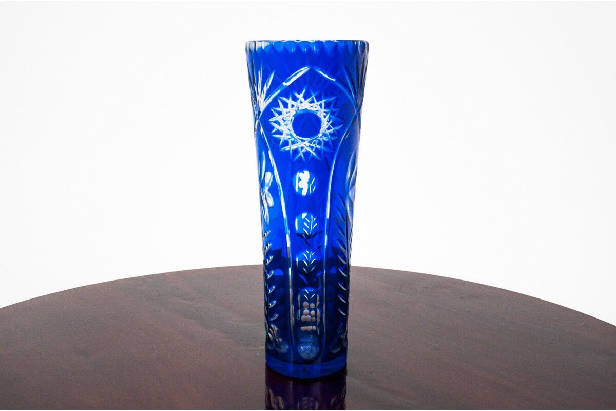 Blue crystal vase, Poland, 1960s