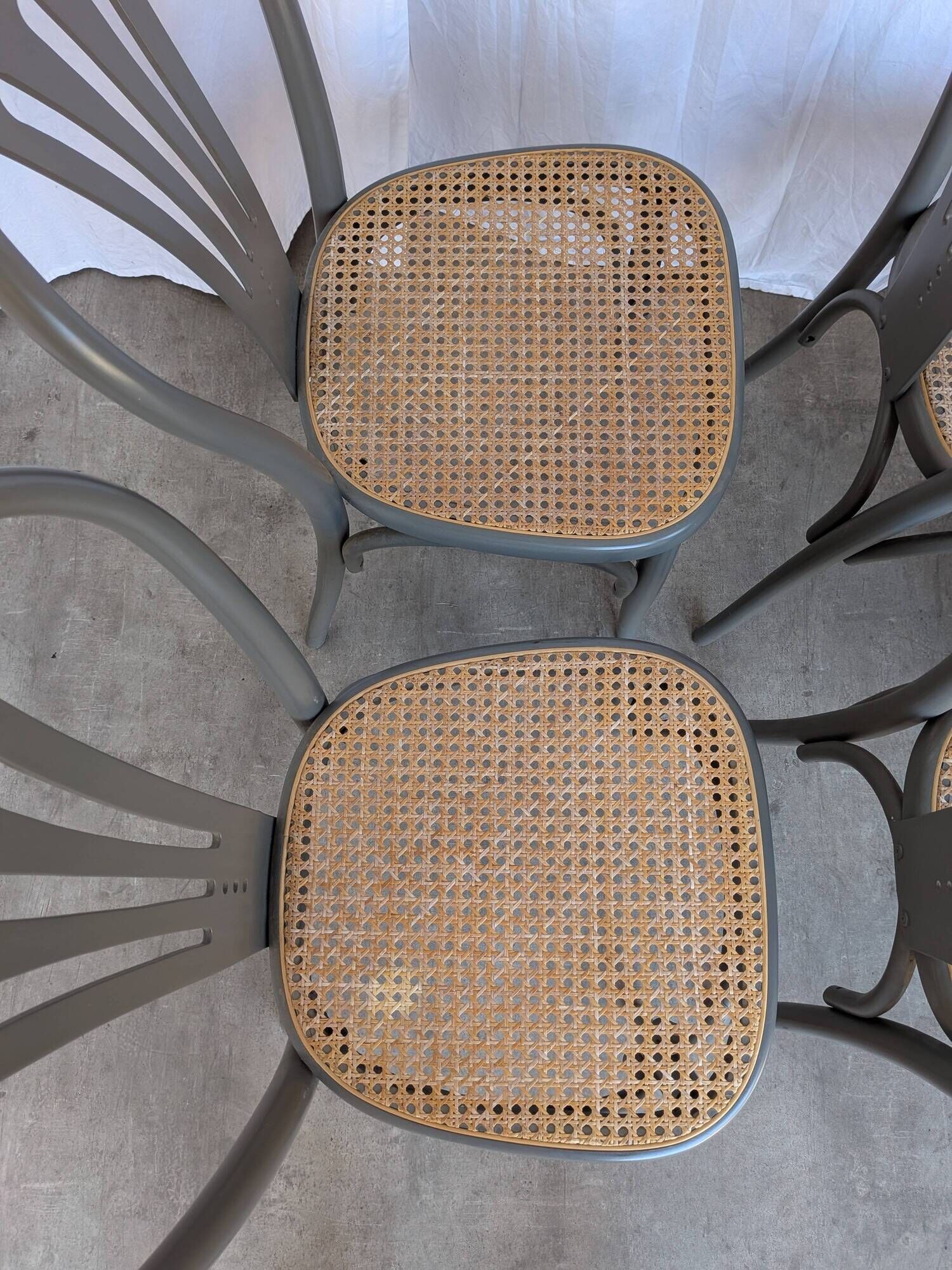 Set of 8 Vintage Gray Bentwood Dining Chair: Thonet Style Cane Seat