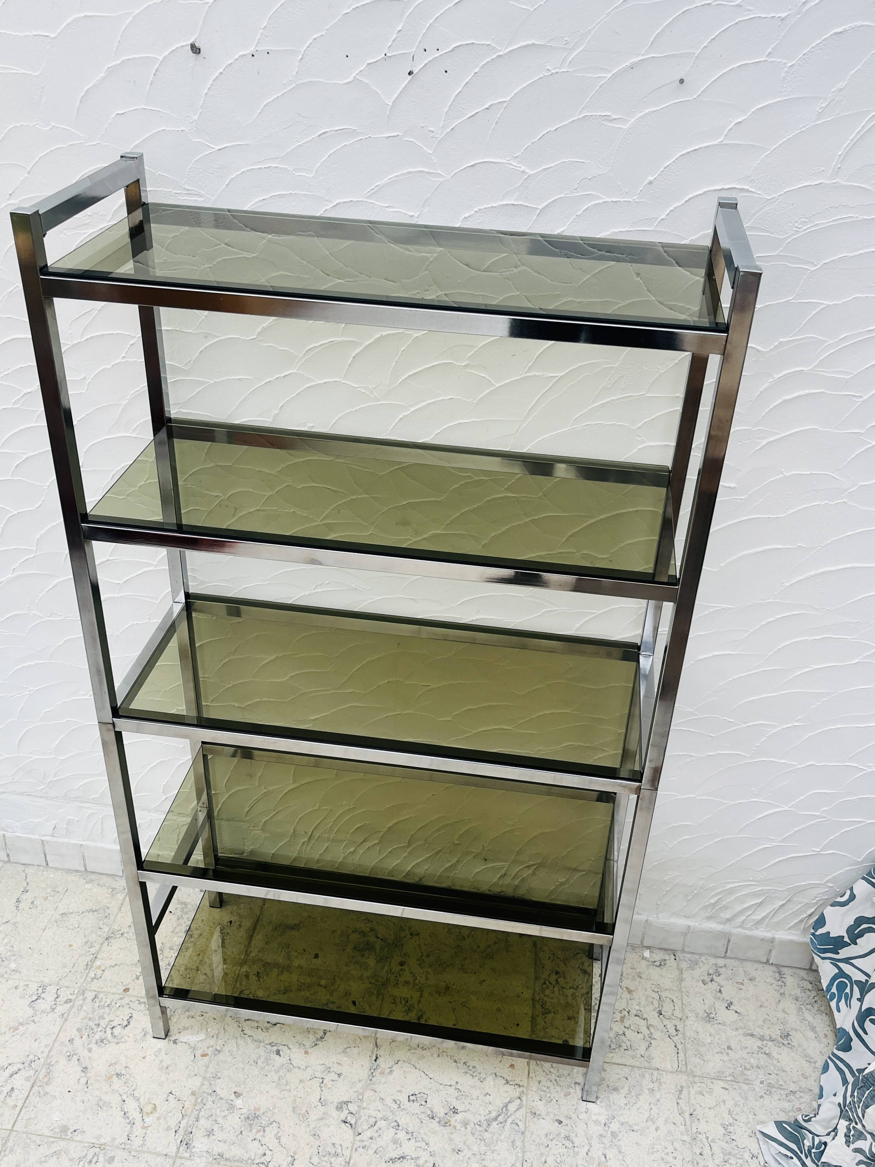 Vintage Italian design shelf in chrome and smoked glass from the 1970s.