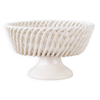 White woven earthenware bowl on pedestal